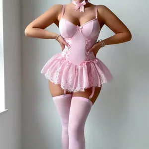 Sexy pink lace bodysuit lingerie set with lace-up corset and matching stockings