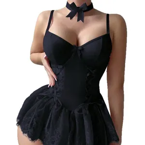 Sexy black lace corset bodysuit lingerie set with matching bow choker and lace skirt trim