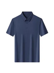 Men's navy blue business casual short sleeve polo shirt in breathable stretch ice silk fabric