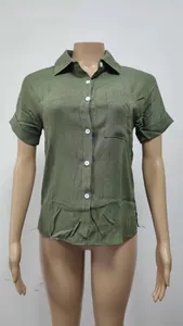Detail shot of army green linen short sleeve shirt with button-down front and pocket