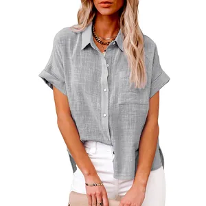 Women's casual grey short sleeve linen shirt with button down front and pocket detail