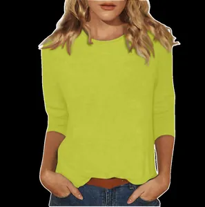 T-shirt femme vert citron à col rond et manches 3/4 de couleur unie