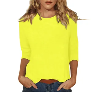 T-shirt jaune néon pour femme avec manches 3/4 et col rond, coupe décontractée