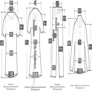 Detailed clothing measurement guide illustration for tops, dresses and trousers.