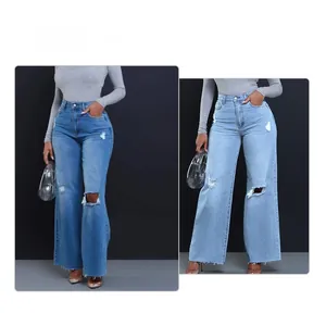 High-waisted wide-leg ripped denim jeans for women available in two shades of blue