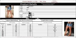 Detailed size chart for American vintage slim embroidered denim shorts with raw edges.