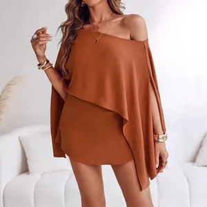 Elegant rust orange off-shoulder mini dress featuring unique split cape sleeve details