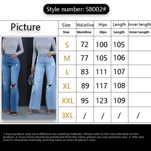 Detailed size chart for high waist ripped wide leg jeans with measurement table