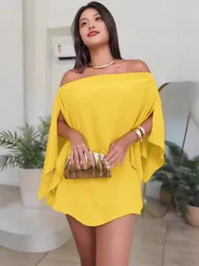 Elegant yellow off-the-shoulder dress with split cape sleeves for casual commute.