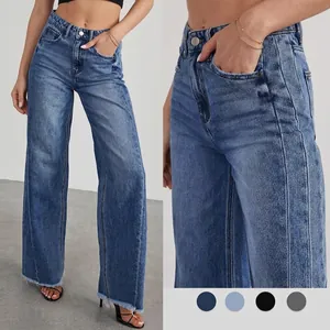 Jeans Jambe Large Taille Haute Femmes Coton Polyester Denim Lavé Pantalon Avec Bord Franc Streetwear Pantalon Décontracté