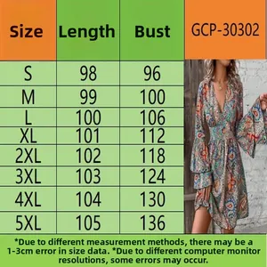 Size chart for bohemian paisley print summer dress showing length and bust measurements