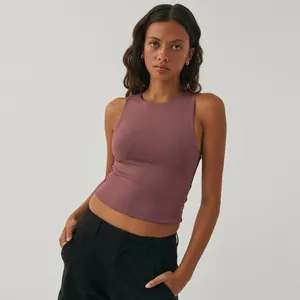Women Cropped Sport Tank Top Polyester Spandex Round Neck Sleeveless Slim Fit Yoga Base Layer Workout Gym Fitness Top
