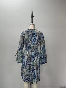 Detailed back view of a blue paisley print summer dress with tiered bell sleeves