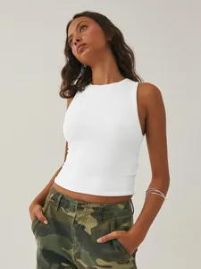 Close-up of a white crew neck cropped tank top for women's fitness and casual wear