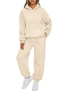 Detailed view of women's cream fleece hooded tracksuit with loose sweatpants and hoodie