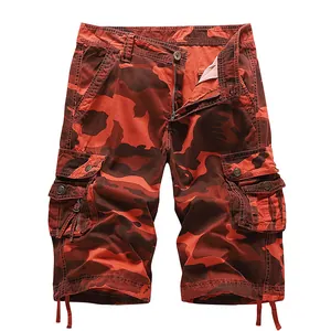 Men's loose casual cargo shorts featuring a vibrant red camouflage pattern design