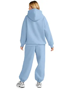 Detailed back view of a cozy light blue women's oversized hoodie and sweatpants set