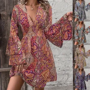 Women Bohemian Paisley Print V-Neck Bell Sleeve Dress Slim Fit Polyester Spandex High Waist Summer Retro Everyday Midi Dress