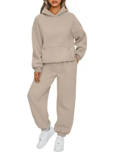 Women's two-piece relaxed fit lounge set with hoodie and sweatpants in beige