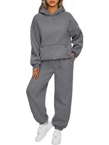 Stylish women's casual grey hooded tracksuit two-piece set with loose fitting sweatpants