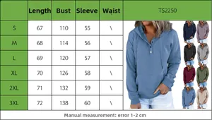 Detaillierte Größentabelle für locker sitzendes Damen-Kapuzenpullover in verschiedenen Farben