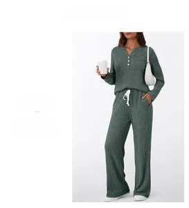 Relaxed fit women's ribbed knit two-piece lounge set with long sleeve top and wide leg pants