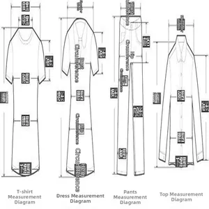 Detailed clothing measurement guide for tops, dresses, and trousers with diagrams