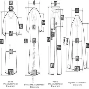 Comprehensive garment measurement guide diagram for T-shirts, dresses, and pants