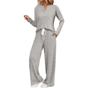 Full view of women's gray ribbed knit lounge set featuring buttoned top and wide-leg pants