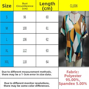 Detailed size chart for women's V-neck geometric print t-shirt showing bust and length