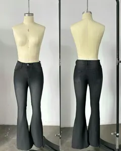 Front and back detailed views of high waisted vintage black micro flare denim jeans