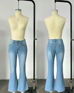 Detail view of high-waisted flare jeans showing front and back fit on a mannequin.
