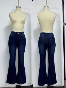 Professional front and back view of high waisted dark blue slim flare denim jeans for women