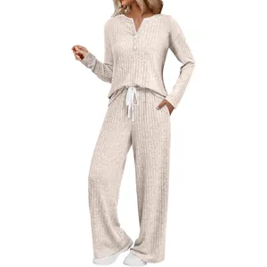 Two-piece ribbed knit lounge set with long sleeve top and wide leg pants in oatmeal