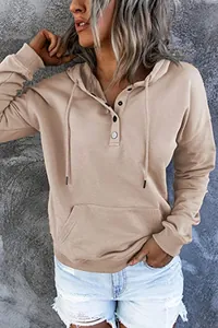 Detailansicht Damen Khaki Langarm Kapuzenpullover mit Knopfleiste und Tunnelzug-Kapuze