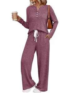Casual mauve ribbed knit lounge set with long sleeves and wide-leg drawstring pants