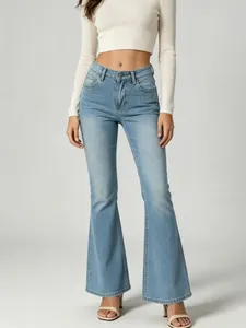 High-waisted light blue flare jeans for women with a slim fit through the thigh