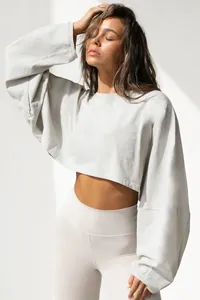 Stylish grey cropped crewneck sweatshirt for women with long wide sleeves in a sunlit setting