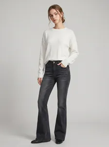 Women's High Waist Flared Jeans Slim Fit Washed Denim Bootcut Pants For Fashion Commuter Casual Streetwear Ladies Long Trousers