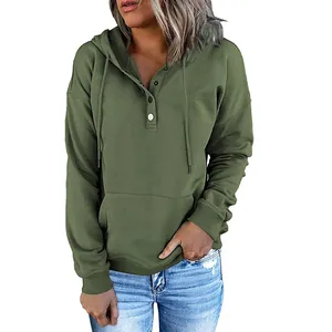 Lässiges olivgrünes Damen-Kapuzenshirt mit Knöpfen und lockerer Passform-Silhouette