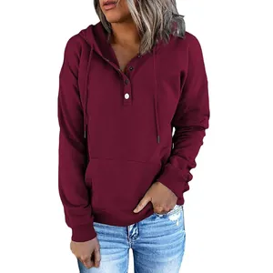 Lässiger weinroter Damen-Kapuzenpullover mit Knopfleiste und langen Ärmeln für Herbst