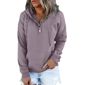 Bequemer lila Damen-Hoodie in Übergröße mit Button-Down-Kragen und Kordelkapuze