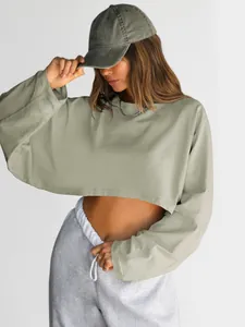 Detailed view of a trendy women's cropped long-sleeved sweatshirt in soft sage green color
