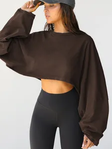 Professional model shot of a dark brown cropped crewneck sweatshirt detail view