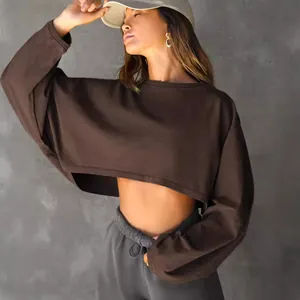 Women's Casual Combed Cotton Crew Neck Cropped Sweatshirt Long Sleeve Solid Color Streetwear Drop Shoulder Knit Top