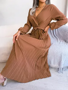 Elegant brown long-sleeved pleated maxi dress with V-neck and waist tie for women