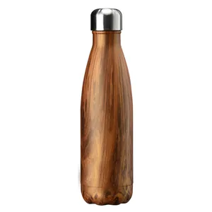 Insulated double-walled stainless steel water bottle with elegant wood grain finish 500ml