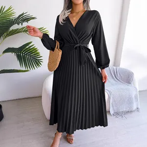 Elegant black V-neck pleated maxi dress with long sleeves and waist tie for women