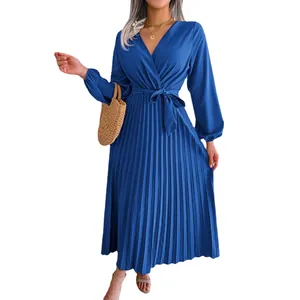 Elegant blue V-neck pleated maxi dress with long sleeves and a matching tie waist belt