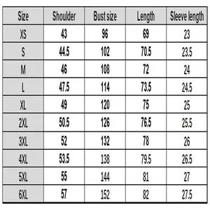 Detailed size chart for 3D printed sugar skull t-shirt with sizes from XS to 6XL